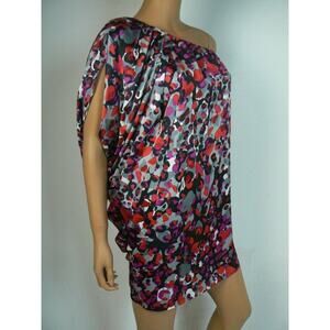 $168 Mattox Red Black One Shoulder Satin Printed Draped Tunic Dress 2 NWT